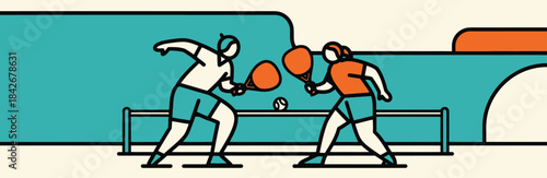 Vibrant Illustration of People Enjoying a Lively Paddleball Game Together