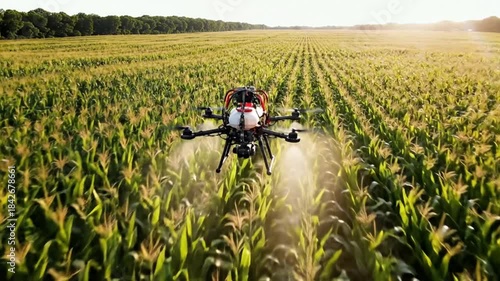Agricultural drone spraying pesticides over a vast cornfield, showcasing modern farming technology in action