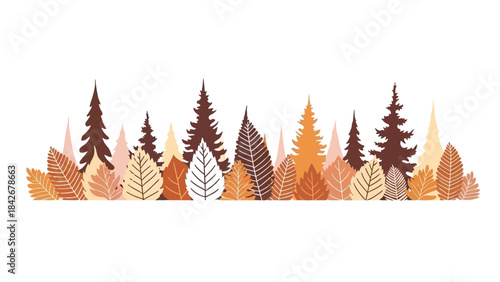 Digital illustration of a colorful forest landscape with various trees and leaves in shades of orange, brown, and yellow on a white background, giving thanks.