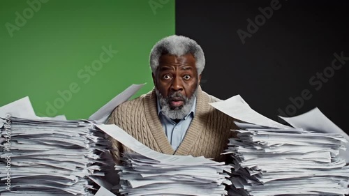 Elderly man overwhelmed by a mountain of paperwork, looking surprised and stressed with a green and black background