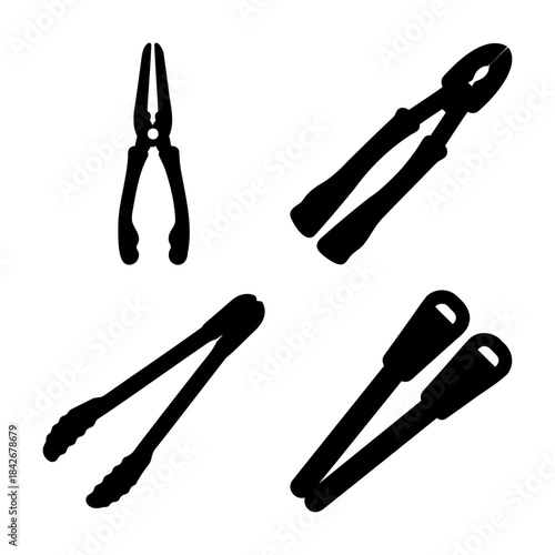 Gripping tools, pliers, cutters, kitchen tongs vector set