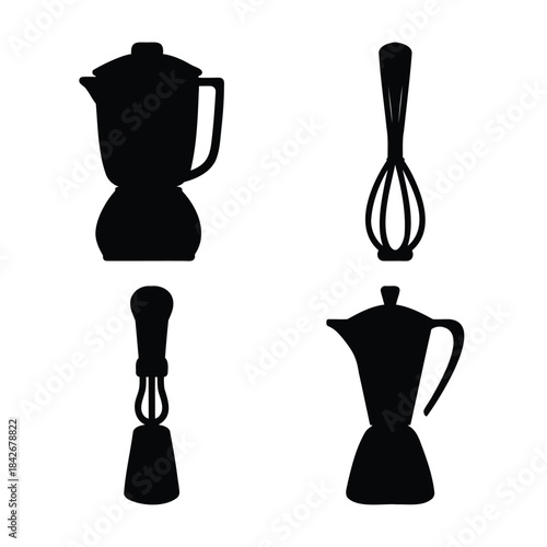 Kitchen tools and coffee makers black silhouette icons set
