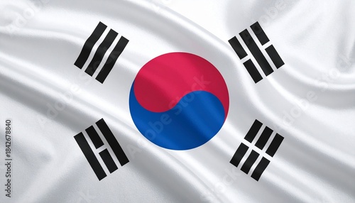 South Korean flag with white field, central red-blue Taeguk, and four black trigrams in corners.