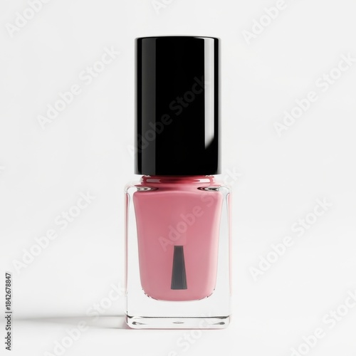 Pink nail polish bottle with black cap isolated on clean white background
