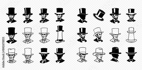 Set of Abraham Lincoln and top hat vector illustrations in various styles and angles.