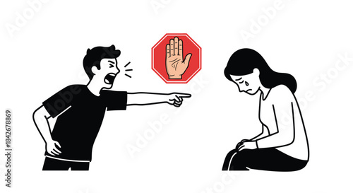 Illustration of Man Yelling at Crying Woman with Stop Sign, Emotional Abuse Prevention