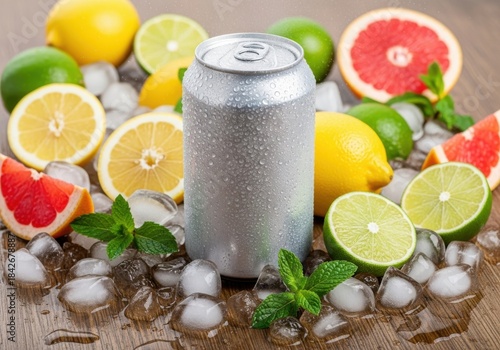 Cold beverage can with condensation surrounded by fresh citrus fruits and ice on wooden surface

