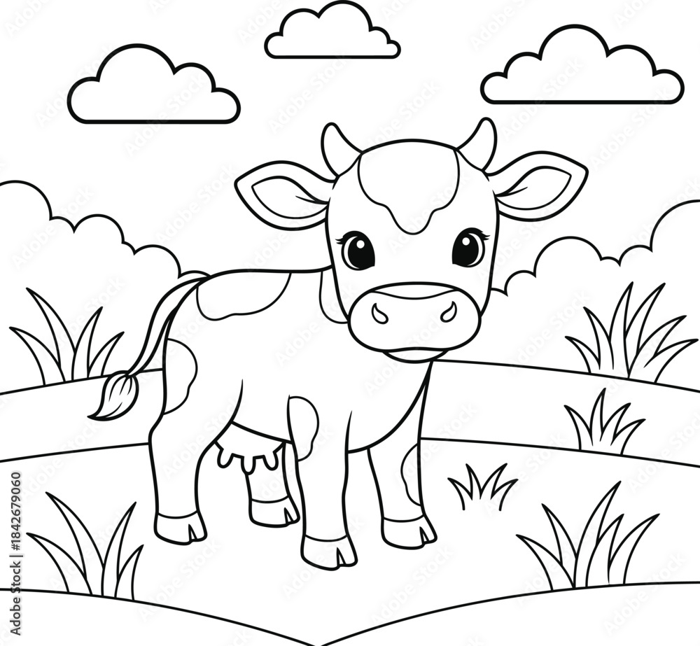 Fototapeta premium Cute Cow Coloring Page for Kids in Pastoral Landscape