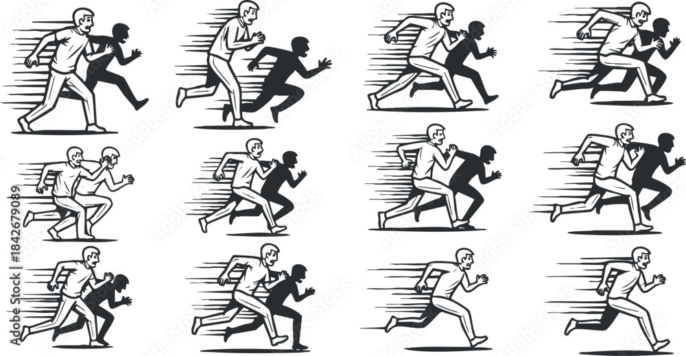 Fototapeta premium Dynamic vector illustration of multiple running figures in a minimalist style, ideal for fitness and sports-related projects