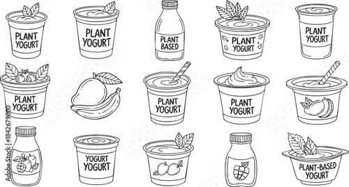 Hand-drawn vector illustration collection of plant-based yogurt containers, featuring various flavors and styles for healthy food branding and design projects