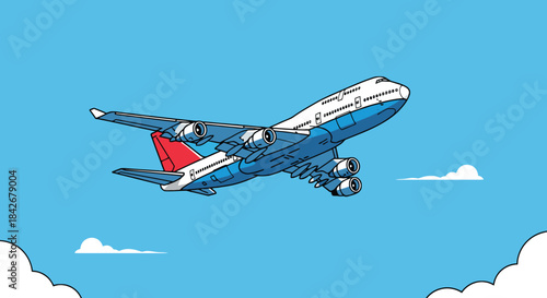 Cartoon Jumbo Jet Passenger Plane Flying High in Blue Sky