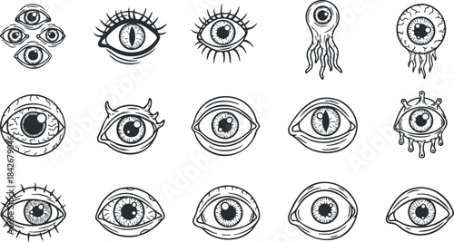 Doodle-style vector illustration set featuring various eye designs, perfect for artistic and creative projects.