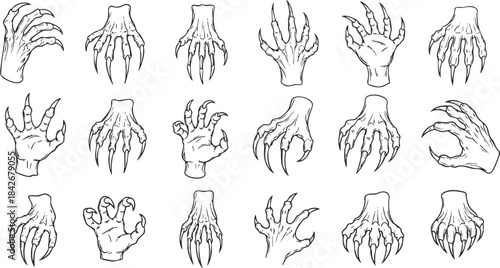 Collection of detailed hand and claw illustrations in black and white for horror-themed design projects and graphics