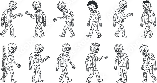 Collection of zombie vector illustrations in a playful, cartoon style, suitable for Halloween-themed designs and graphics