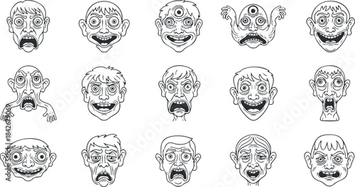 Expressive vector illustration set showcasing various emotional faces in a playful, cartoon style for design projects