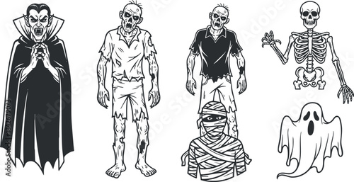 Set of spooky Halloween vector illustrations featuring a vampire, zombie, mummy, skeleton, and ghost in a flat design style