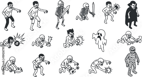 Playful Halloween-themed vector icon set featuring skeletons, ghosts, zombies, and mummies in various action poses for fun designs.