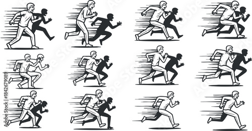 Dynamic vector illustration of multiple running figures in a minimalist style, ideal for fitness and sports-related projects