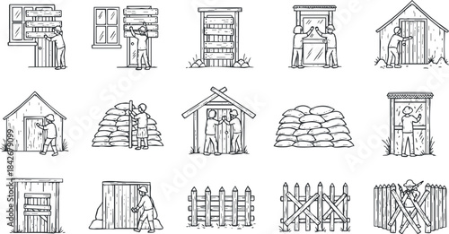 Outline vector illustration collection of various rural building and shelter concepts for construction and design projects