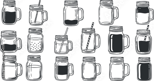Hand-drawn vector illustration of a collection of mason jars featuring various drinks for culinary and design projects