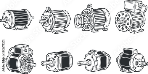 Collection of hand-drawn vector illustrations of various electric motors for engineering and industrial design projects