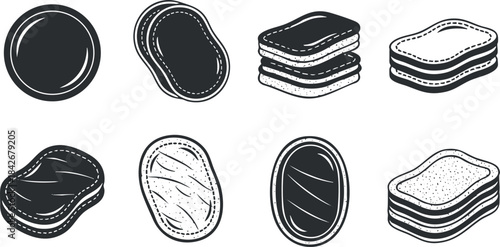 Black and white vector icon set of various snack and dessert shapes for culinary design projects