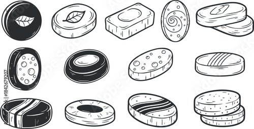 Hand-drawn black and white vector illustration of assorted cookie designs, ideal for bakery branding and food-related projects