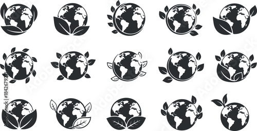 Eco-friendly vector icon set featuring the Earth surrounded by leaves and nature elements for sustainability projects