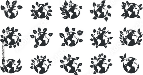Set of eco-friendly vector icons featuring the Earth surrounded by leaves and plants, ideal for environmental design projects