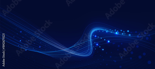 Big Data Technology Background With Data Analytics And Particle Wave Blue On Dark Blue Background