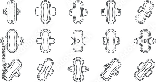 Outline vector illustration set of feminine hygiene sanitary pads for health and personal care concepts