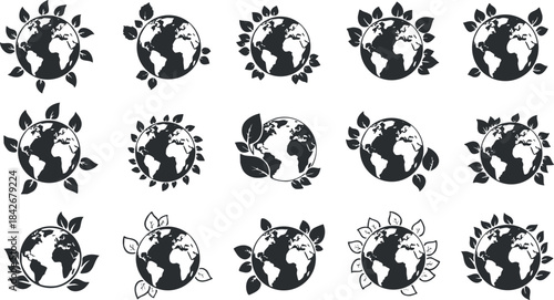 Collection of eco-themed vector illustrations featuring the Earth surrounded by leaves, perfect for environmental projects and branding.