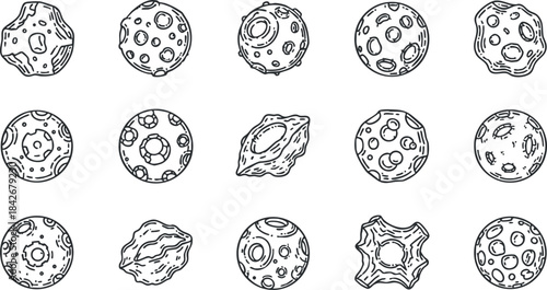 Hand-drawn vector illustration of various celestial bodies including asteroids and planets in a repeating pattern suitable for educational or decorative designs