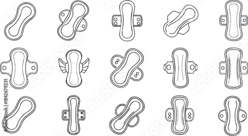 Outline vector icon set of feminine sanitary napkins in various styles for health and hygiene design projects