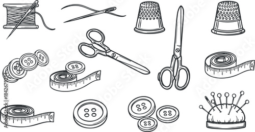 Outline vector illustration of sewing tools including scissors, buttons, thread, and measuring tape for craft and design projects