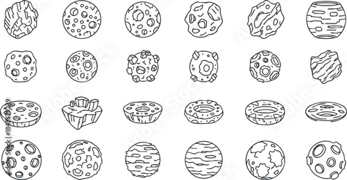 Outline vector icon set featuring various asteroids and planets for space-themed designs and projects