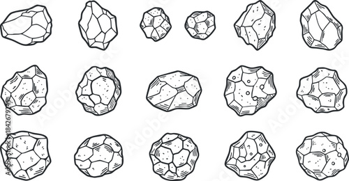 Hand-drawn outline vector illustration of various rock shapes, perfect for nature-themed design projects and educational materials