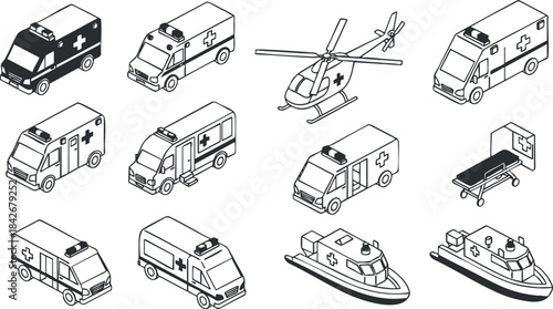 Collection of vector icons featuring various emergency vehicles including ambulances, a helicopter, and a rescue boat for healthcare design.