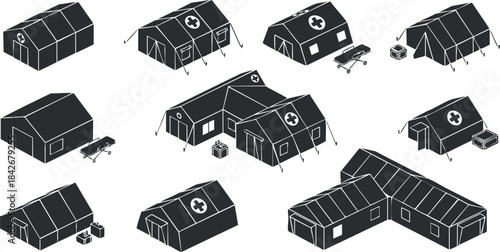 Vector illustration set of emergency medical tents featuring various designs for health and disaster relief contexts
