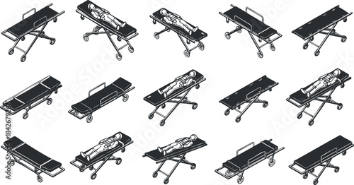 Set of minimalist black and white vector illustrations depicting various angles of a medical stretcher with a patient for healthcare design