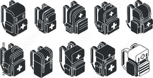 Flat vector illustration set of various backpacks with first aid symbols, ideal for health and travel design projects