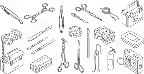 Outline vector illustration of medical and cleaning tools including scissors, tweezers, sponges, and first aid supplies for healthcare design.