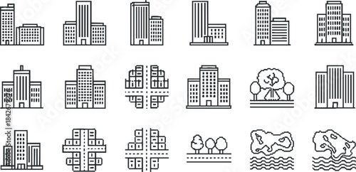 Outline vector icon set featuring modern buildings, urban structures, and nature elements for city planning and design projects