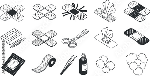 Outline vector illustration of first aid supplies including bandages, scissors, cotton, and medical tools for healthcare design projects