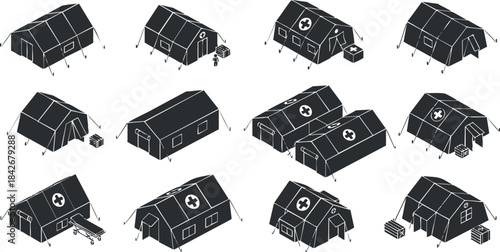 Set of minimalist black and white vector illustrations of various medical tents for emergency and healthcare applications
