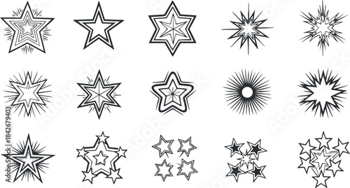 Collection of black and white vector star illustrations featuring various shapes and styles for decorative design use