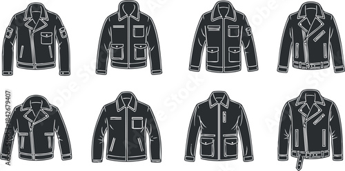 Collection of minimalist vector illustrations featuring various jacket designs for modern fashion applications