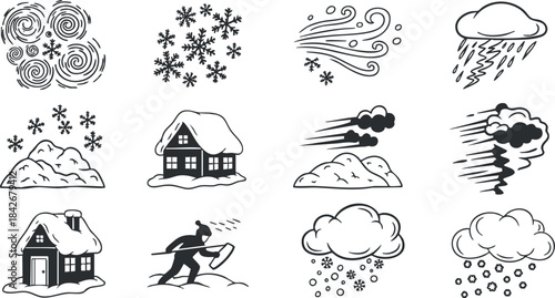Collection of black and white vector icons depicting winter weather elements including snowflakes, clouds, and houses for design projects.