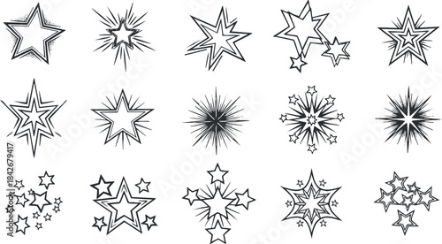 Collection of stylish star and starburst vector illustrations in outline style, ideal for festive designs and creative projects