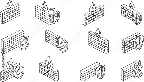 Outline vector icon set featuring walls, shields, and flames representing fire safety, security, and protection concepts.